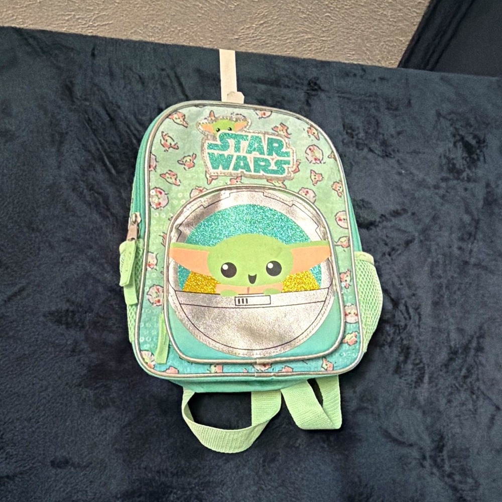 Star Wars Grogu Small Backpack Green Polyester All-Over Print Glitter Zip Strap